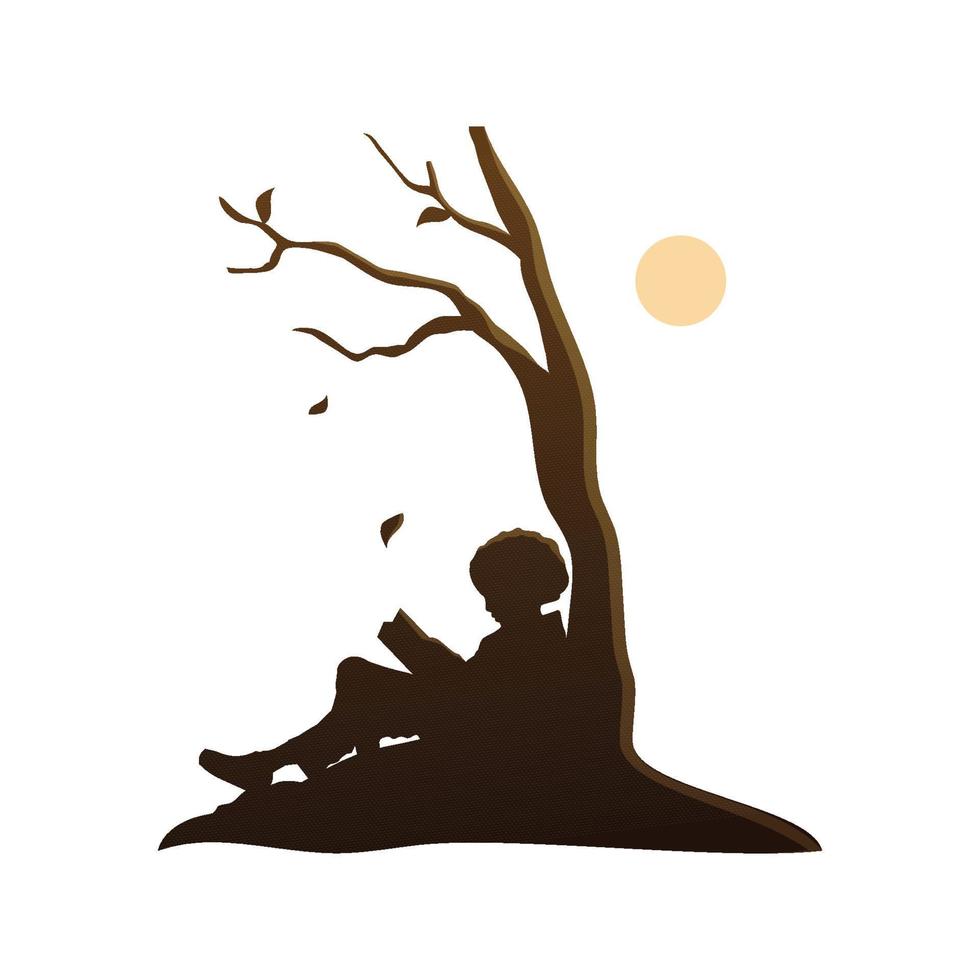niño pequeño niño lee el libro bajo la silueta del árbol vector