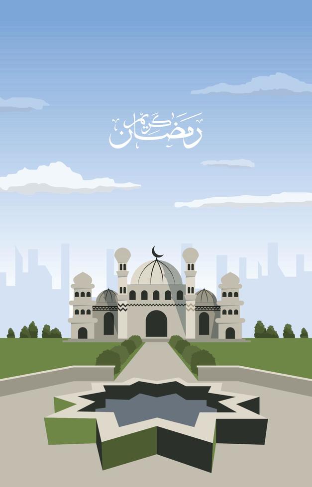 Beautiful Mosque Pond Garden Landscape Islamic Ramadan Kareem Greeting Card vector