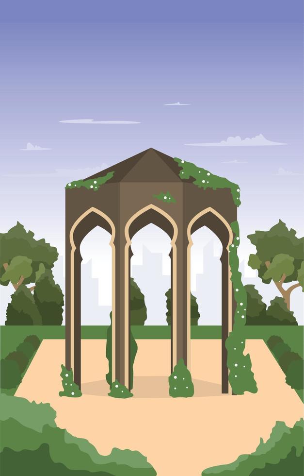 Beautiful Garden Landscape Green Gazebo Islamic Ramadan Kareem Greeting Card vector