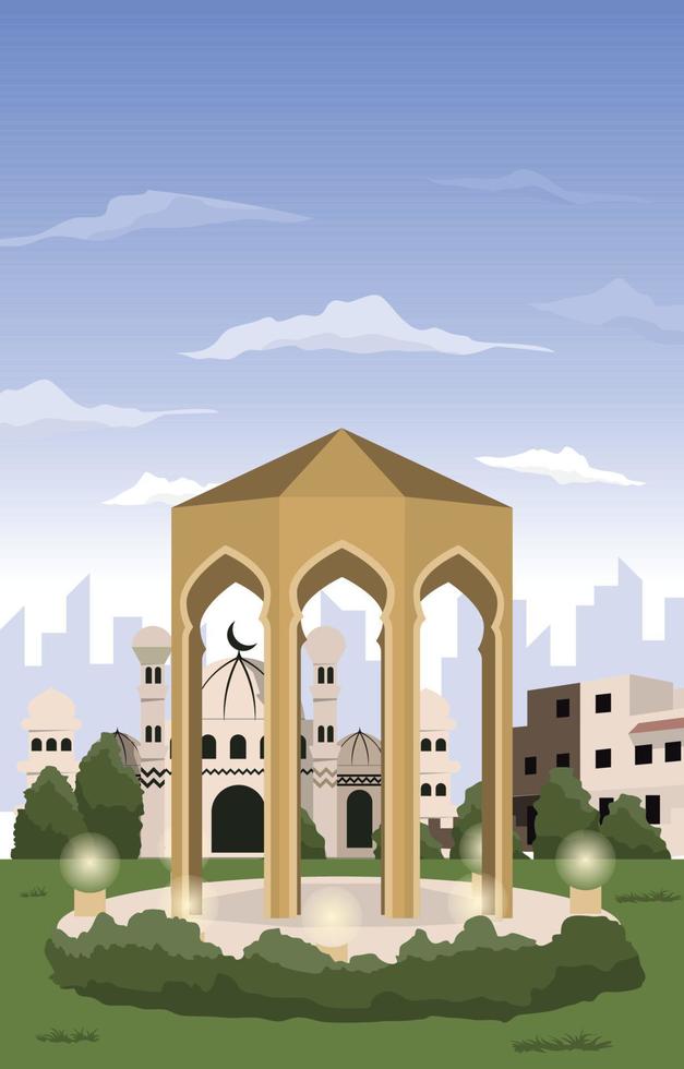 Beautiful Garden Landscape Green Gazebo Islamic Ramadan Kareem Greeting Card vector