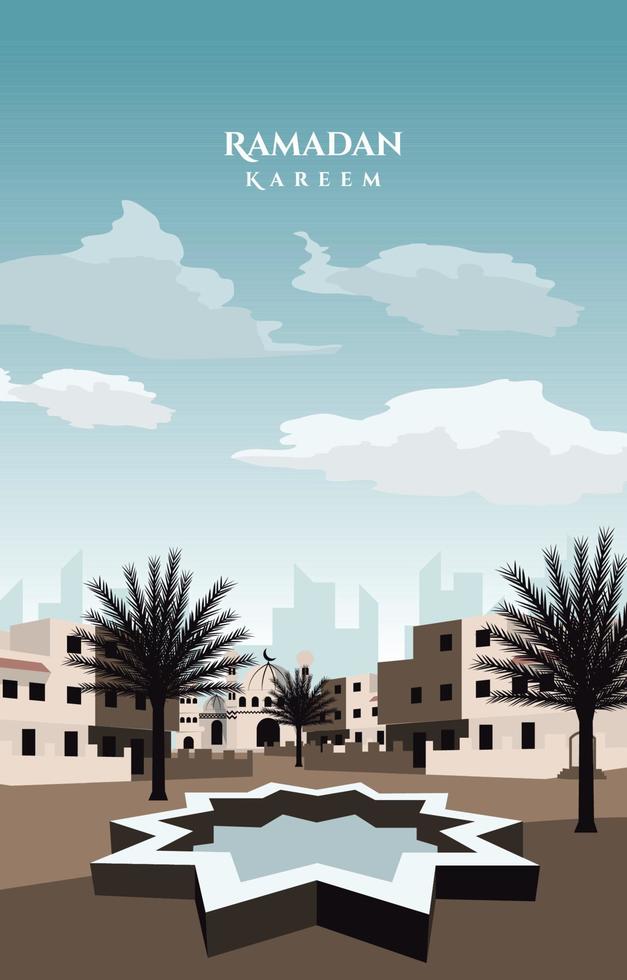 Beautiful Arabic City Mosque Pond Islamic Ramadan Kareem Greeting Card vector