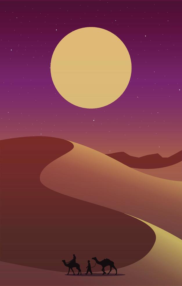Caravan Arabian Night Desert Landscape Islamic Ramadan Kareem Greeting Card vector