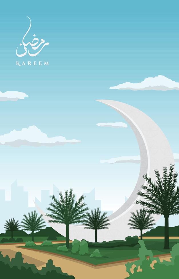 hermoso jardín paisaje gran media luna islámico ramadan kareem tarjetas de felicitación vector