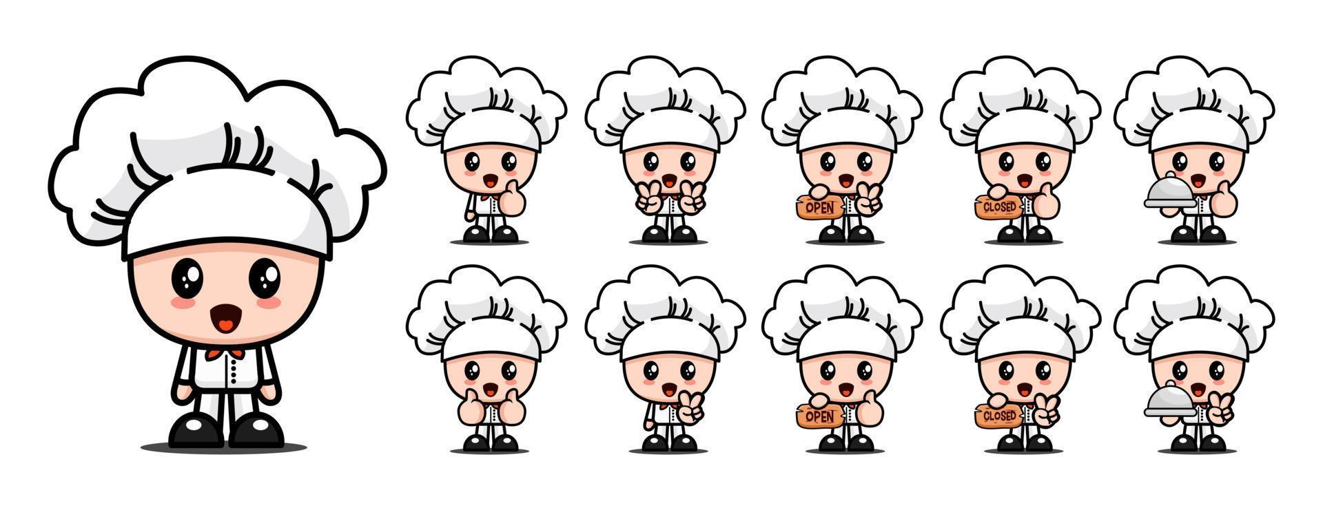 Cute Chibi Illustration - Set of Adorable chef cartoon art illustration vector