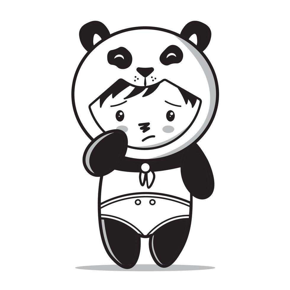 lindo y adorable panda mascota caricatura ilustración en blanco y negro vector