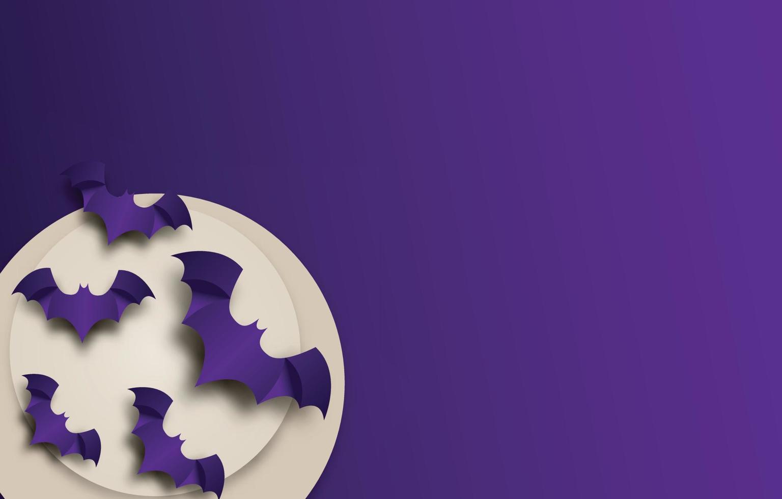 Fondo de papel violeta 3d con murciélagos violetas en la luna blanca. vector fondo de tarjeta de felicitación de halloween. eps 10