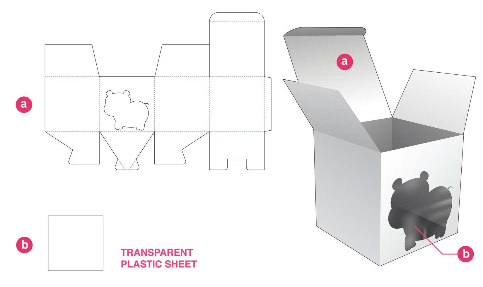 caja de embalaje con ventana de hipopótamo y plantilla troquelada de lámina de plástico transparente vector