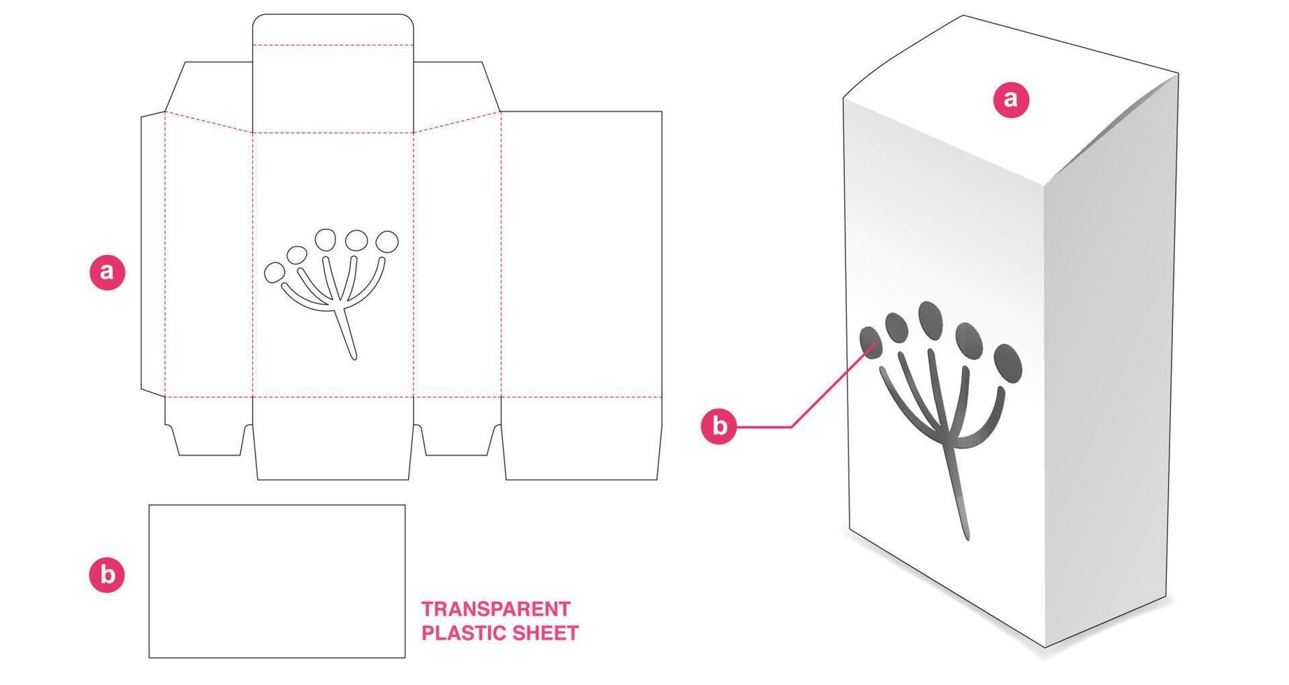 caja inclinada alta con ventana de flor de icono y plantilla troquelada de lámina de plástico transparente vector