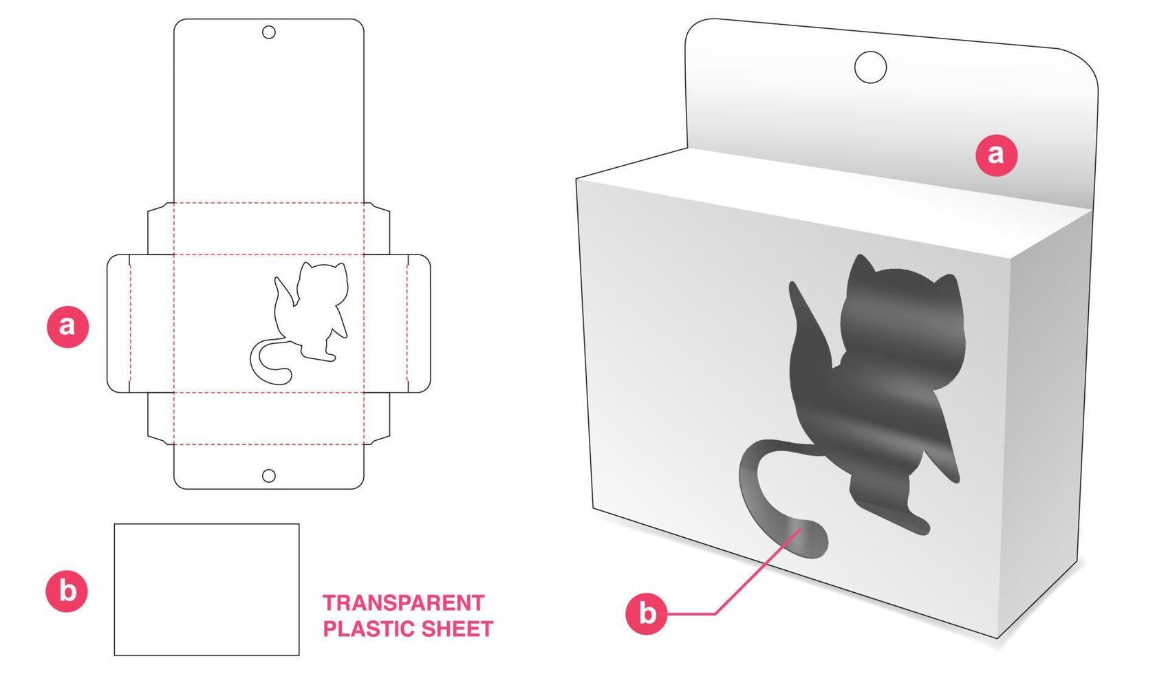 Cardboard hanging packaging with cat window and transparent plastic sheet die cut template vector
