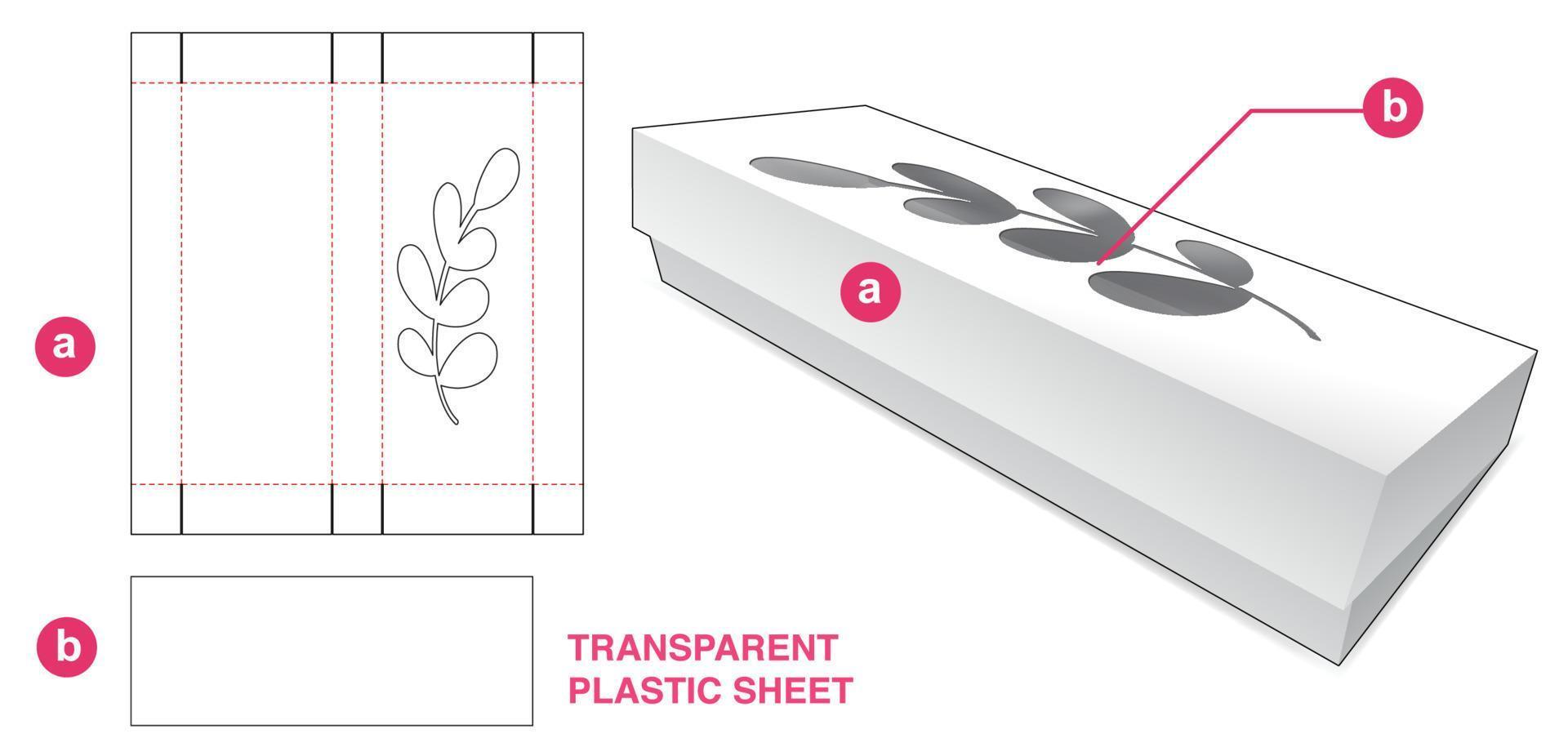 Cardboard bakery long packaging with leaves window and transparent plastic sheet die cut template vector