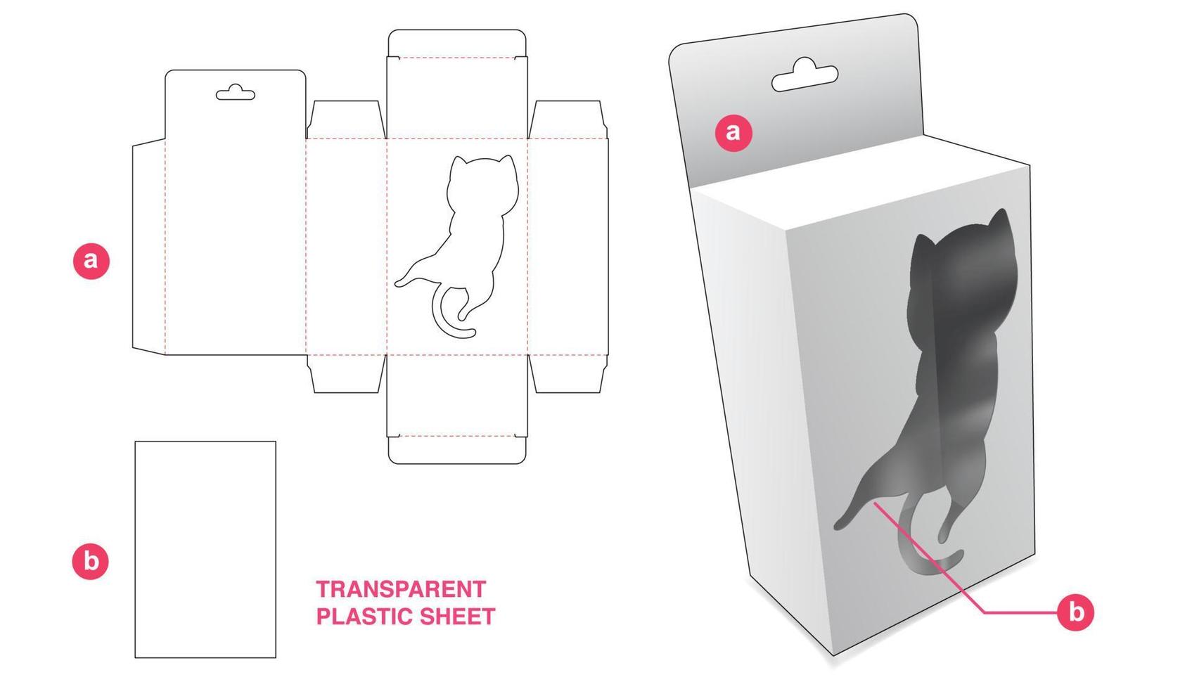 Cardboard hanging box with cat cartoon window and transparent plastic sheet die cut template vector