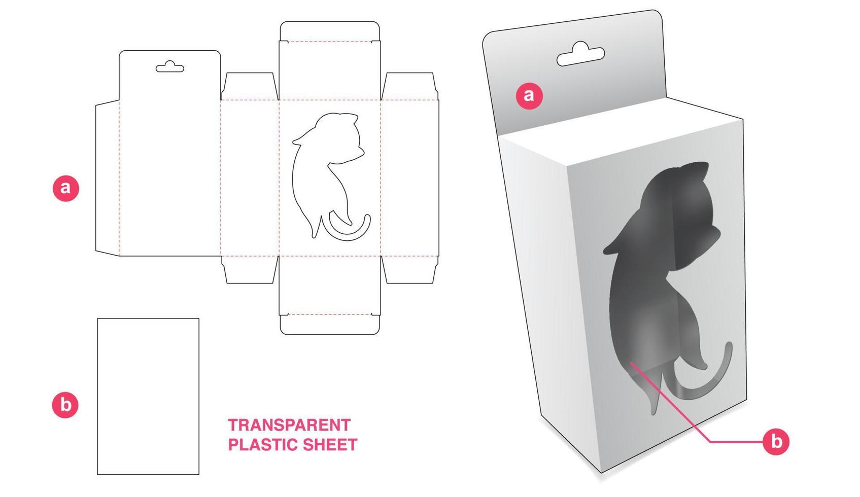 Cardboard hanging box with kitty cat window and transparent plastic sheet die cut template vector