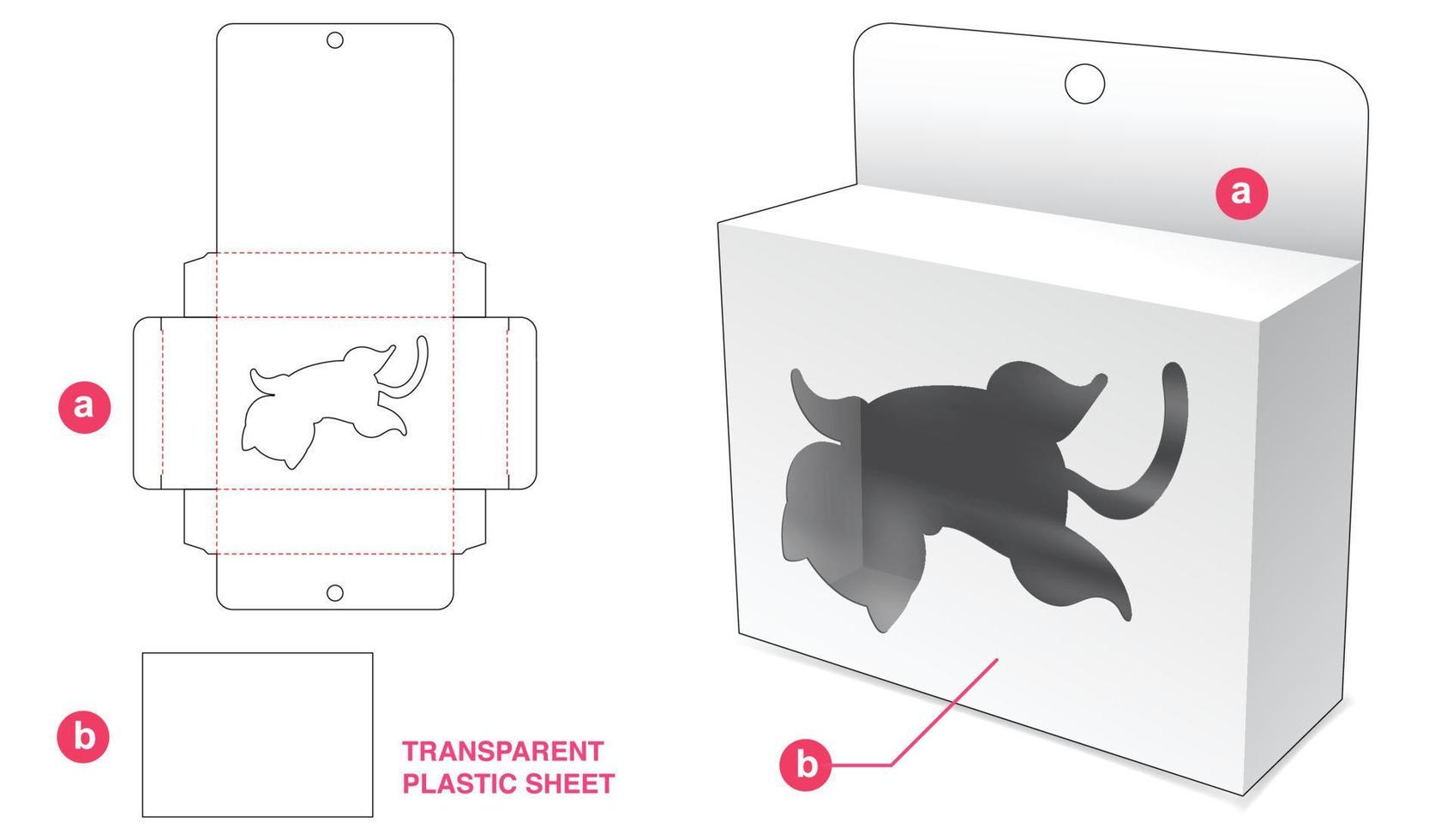 Cardboard hanging packaging with kitty window and transparent plastic sheet die cut template vector
