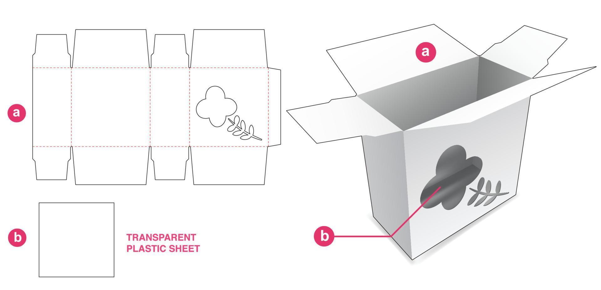 Cardboard packaging with flower icon window and plastic sheet die cut template vector