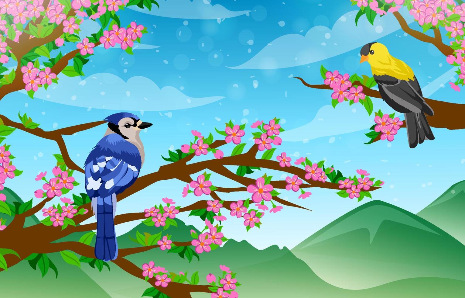 fondo de paisaje de primavera con pájaros vector