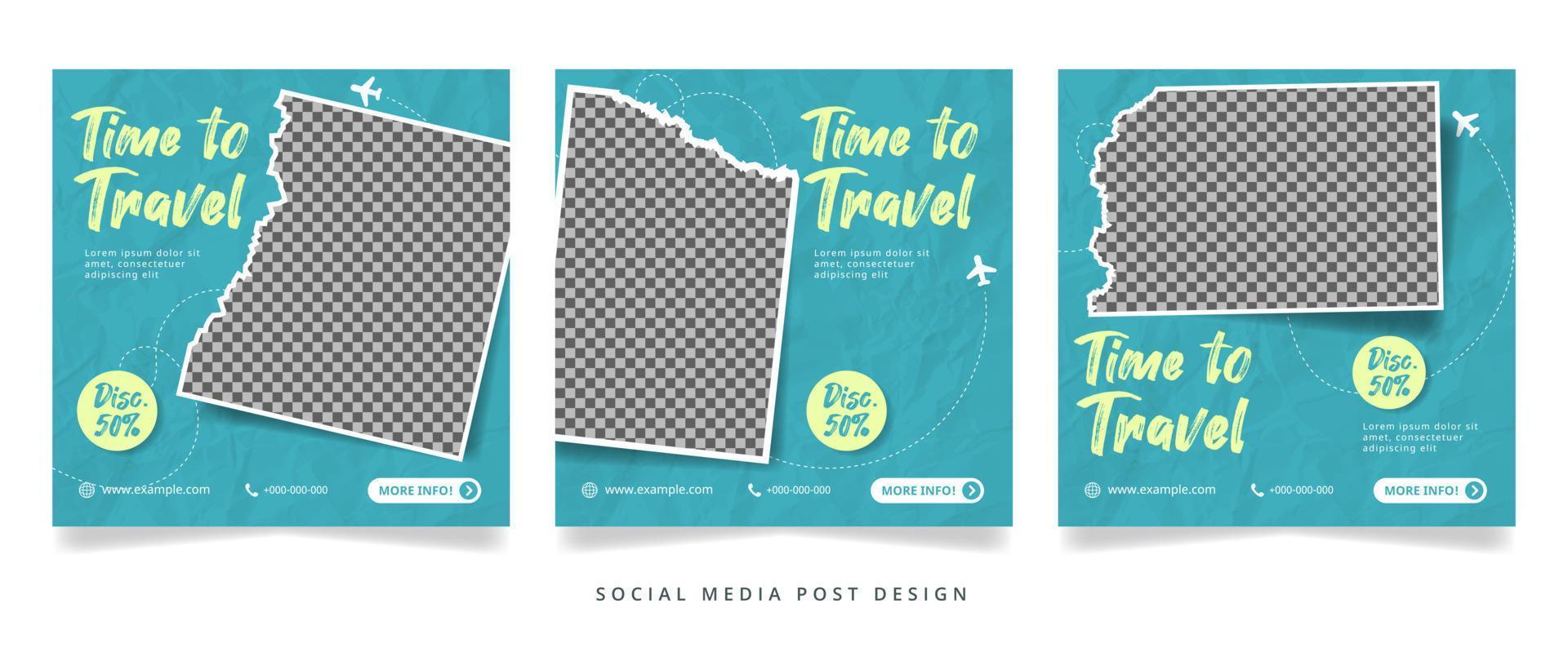 conjunto de volante de viaje tosca o banner de redes sociales con textura de papel arrugado vector