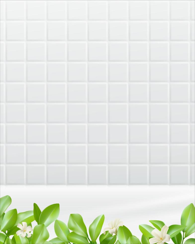 The white tiled background in the shower features flowers and leaves in the foreground. Realistic EPS file. vector