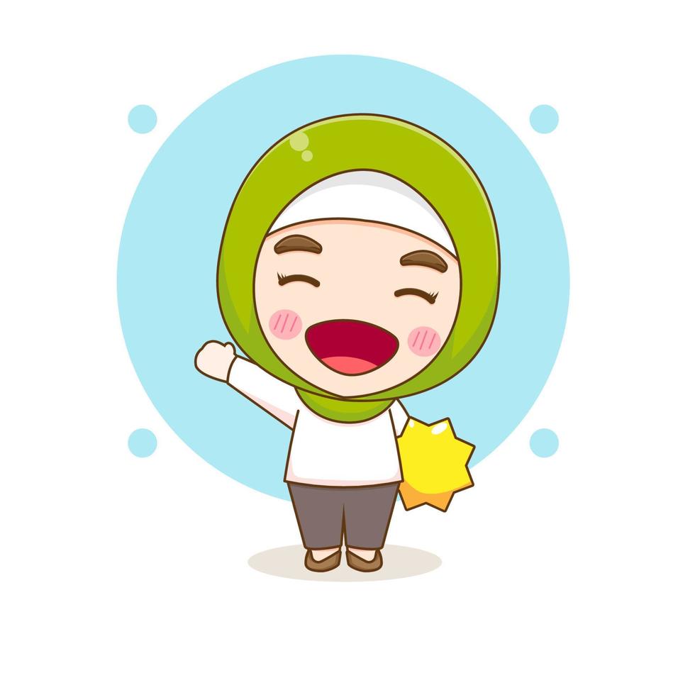 Cartoon illustration of cute Moslem girl character holding star vector