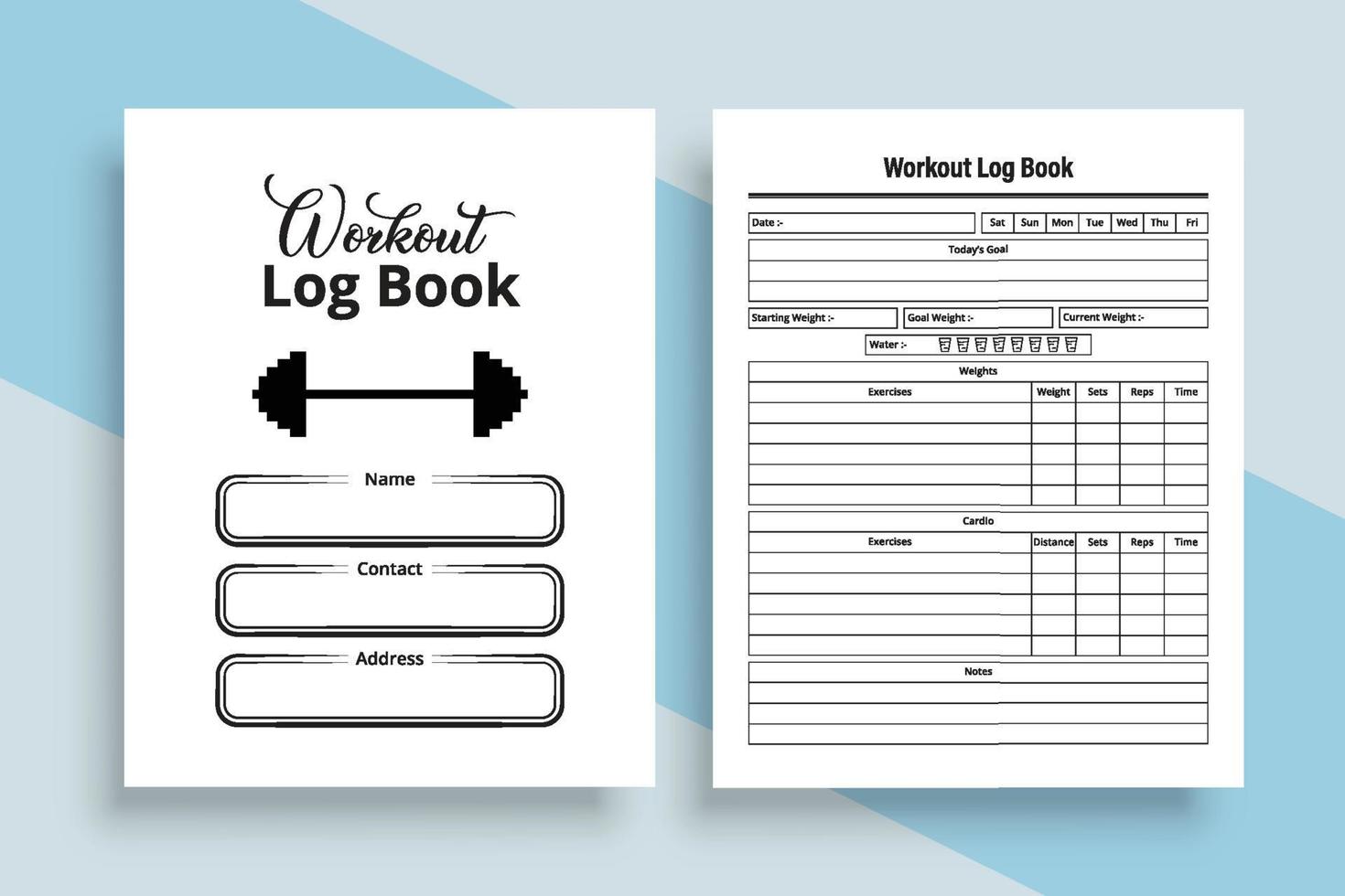 Workout log book interior. Gym workout tracker notebook interior. Interior of a journal. Daily exercise tracker logbook template. Workout journal template design. vector