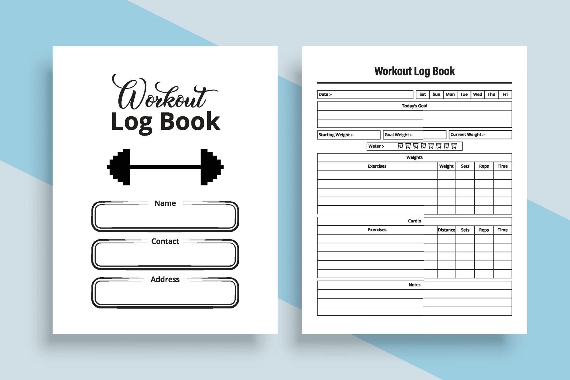 Workout log book interior. Gym workout tracker notebook interior