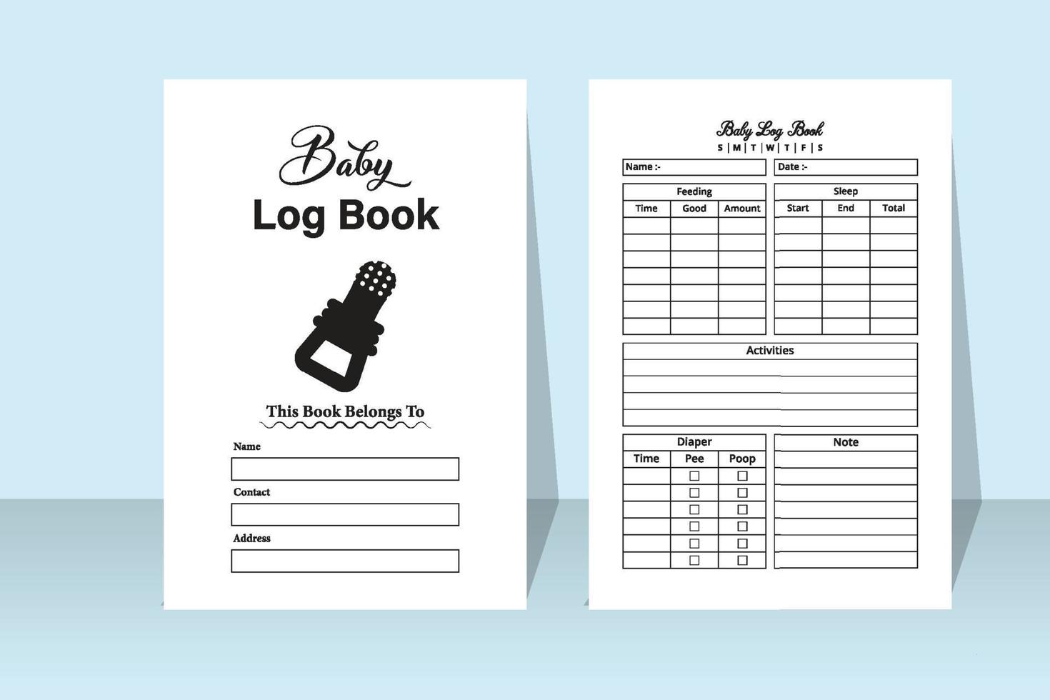 Baby activity tracker notebook interior. Infant daily condition log book interior for mother. Interior of a journal. Daily baby activity and condition tracker notebook template for mother. vector