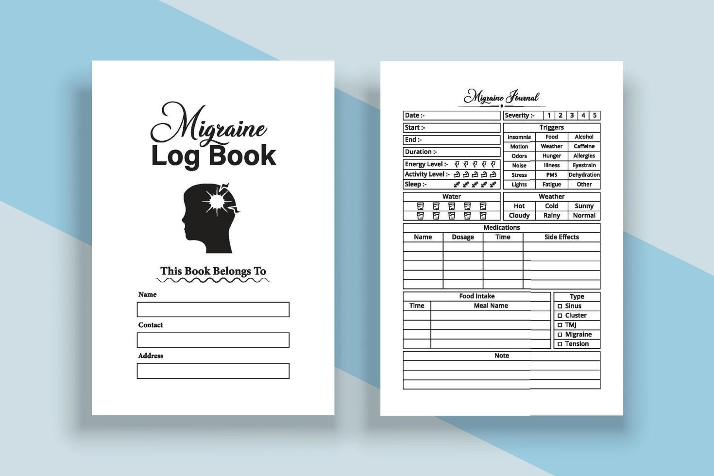 Migraine tracker notebook template. Headache medication planner and pain tracker logbook interior. Interior of a journal. Migraine pain tracker logbook and medication planner template. vector