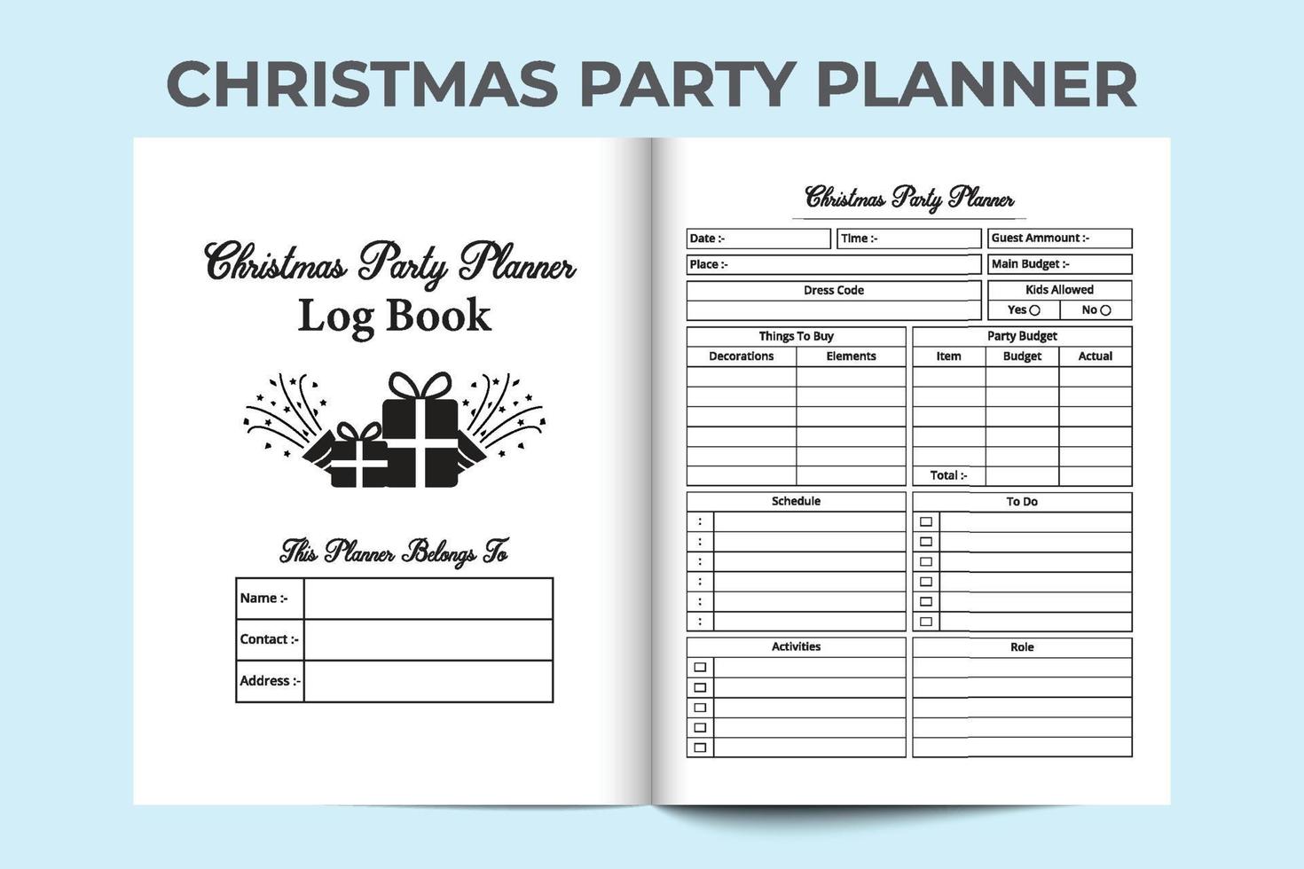 Christmas party planner notebook interior. Christmas celebration party planner and budget tracker journal. Interior of a logbook. Party budgeting journal. Xmas party planner notebook. vector