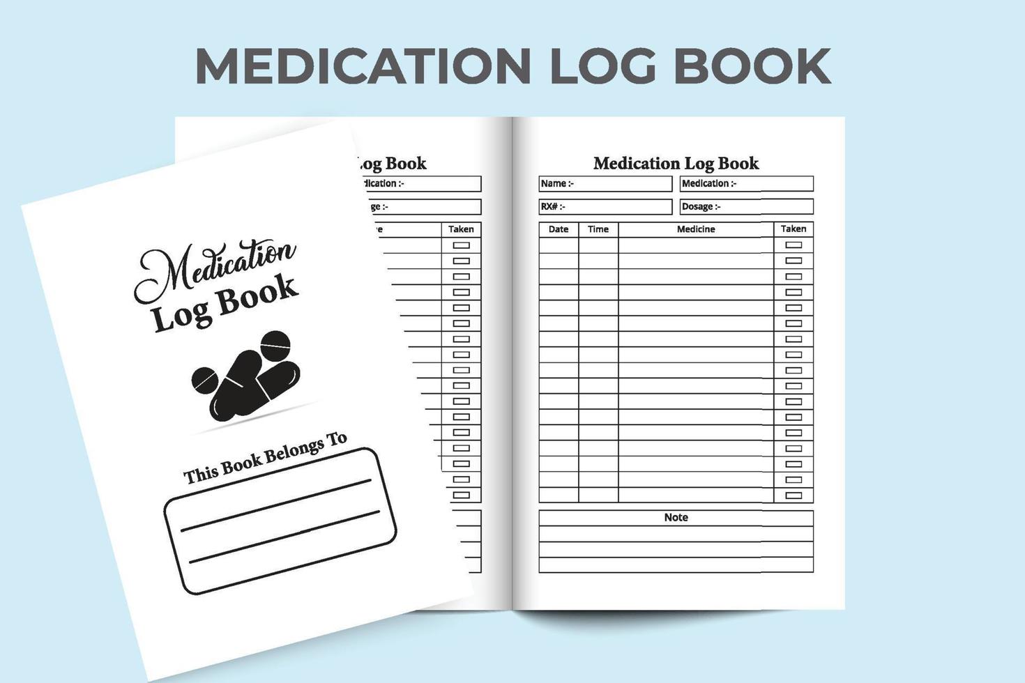 Medication log book interior. Medicine planner and time tracker notebook template. Interior of a journal. Medication logbook for patients. Doctor information and medicine timer notebook interior. vector