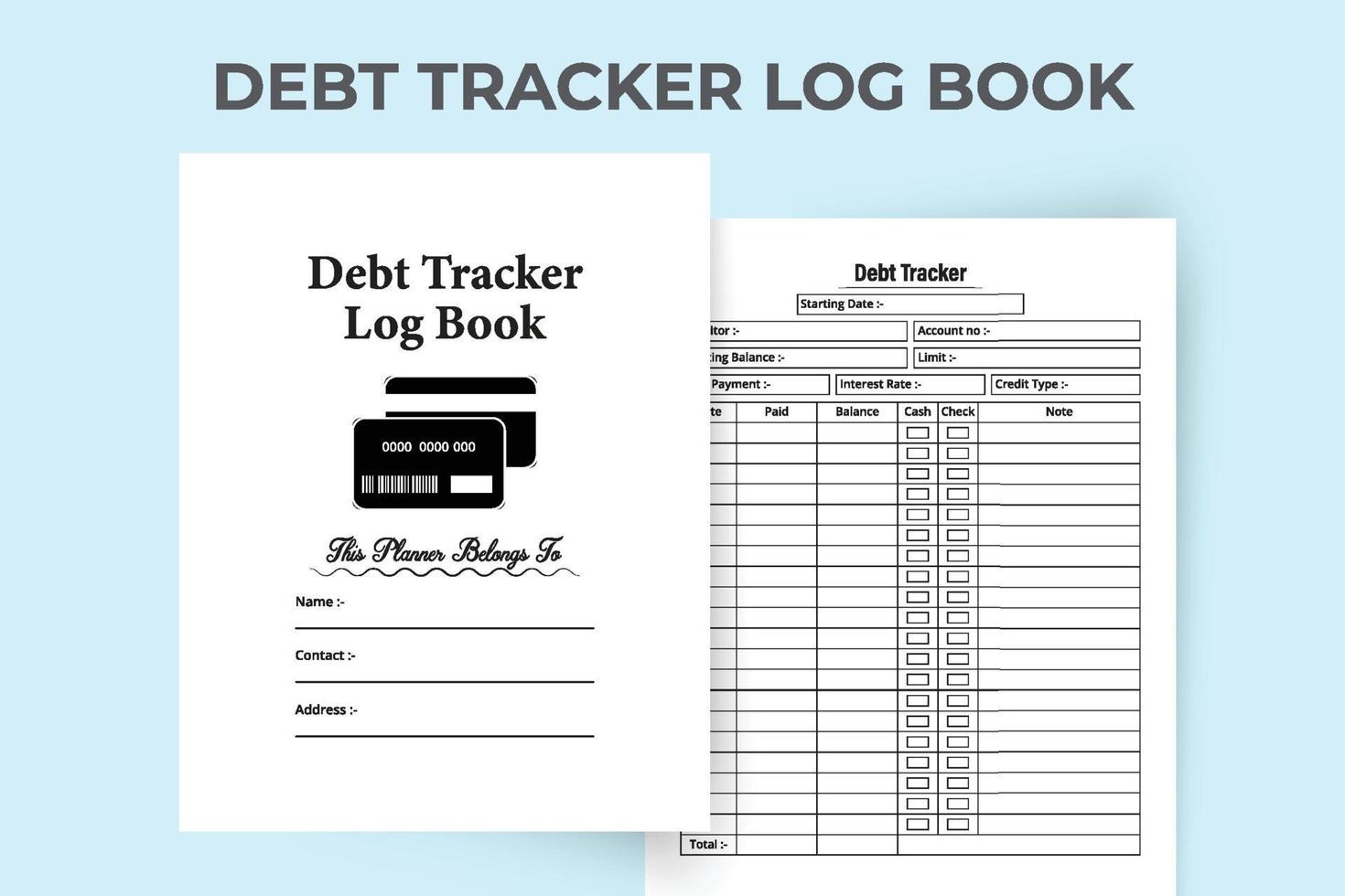 interior del libro de registro del rastreador de deudas. rastreador de préstamos y plantilla de cuaderno de verificación de saldo diario. Interior de un diario. libro de registro del rastreador de deuda con silueta de tarjeta de crédito. diario de verificación de deuda bancaria. vector