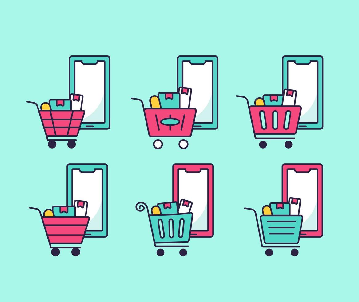 ecommerce online shopping by smartphone icon collection set filled outline style vector