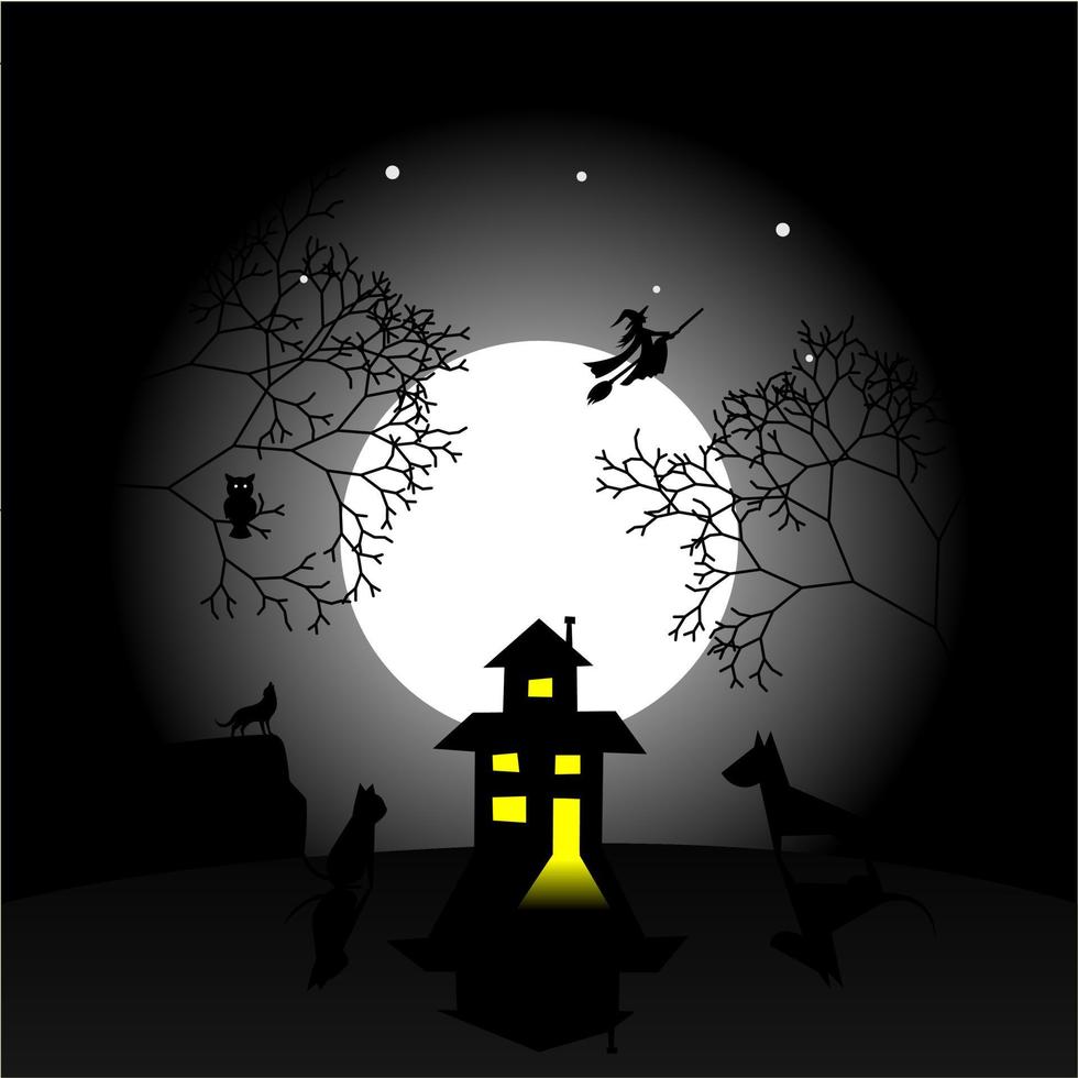 una luna llena con una casa espeluznante, un gato, un perro, un búho, un lobo y un diseño vectorial de ilustración de brujas voladoras para halloween vector