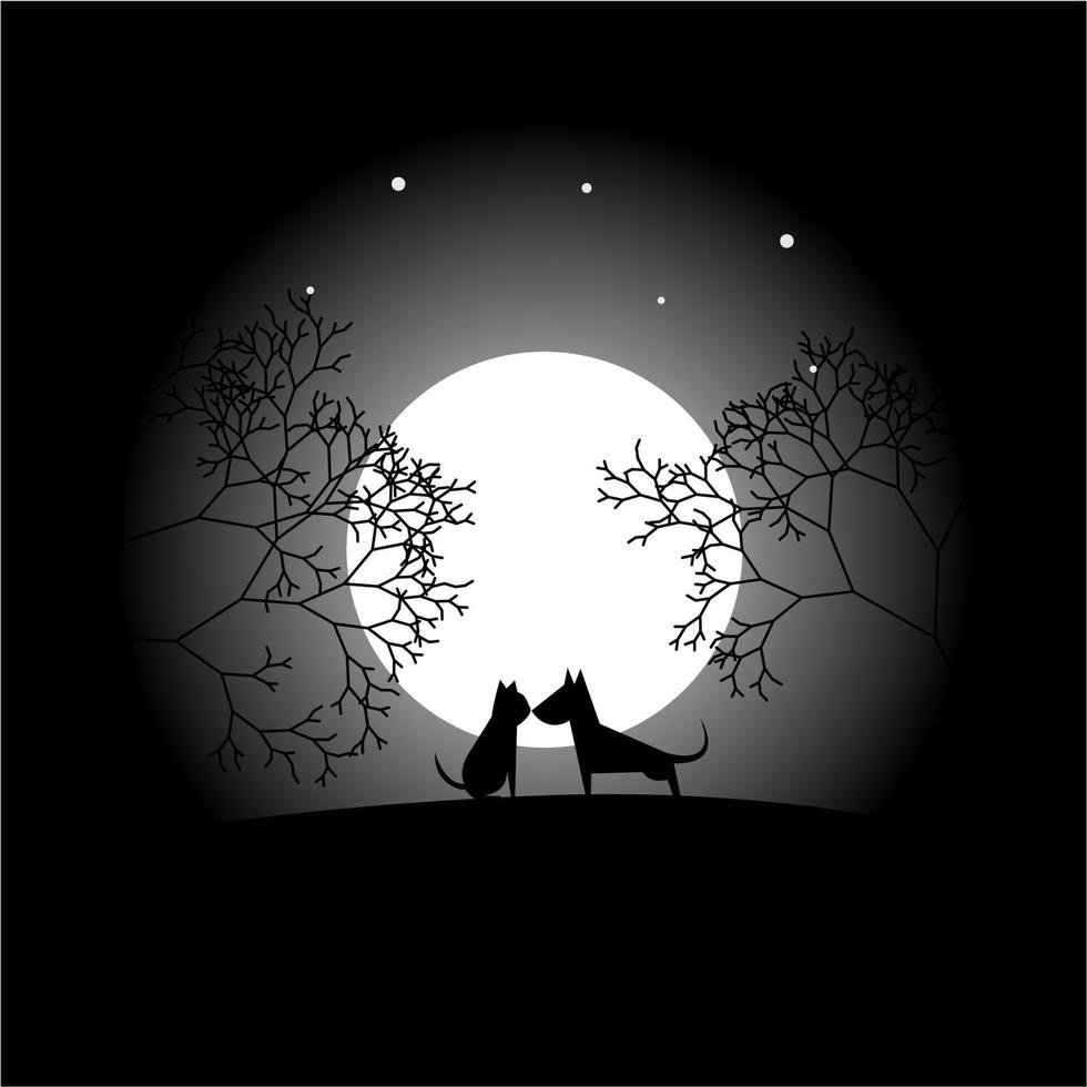 diseño de vector de ilustración de gato y perro bajo la luna para halloween
