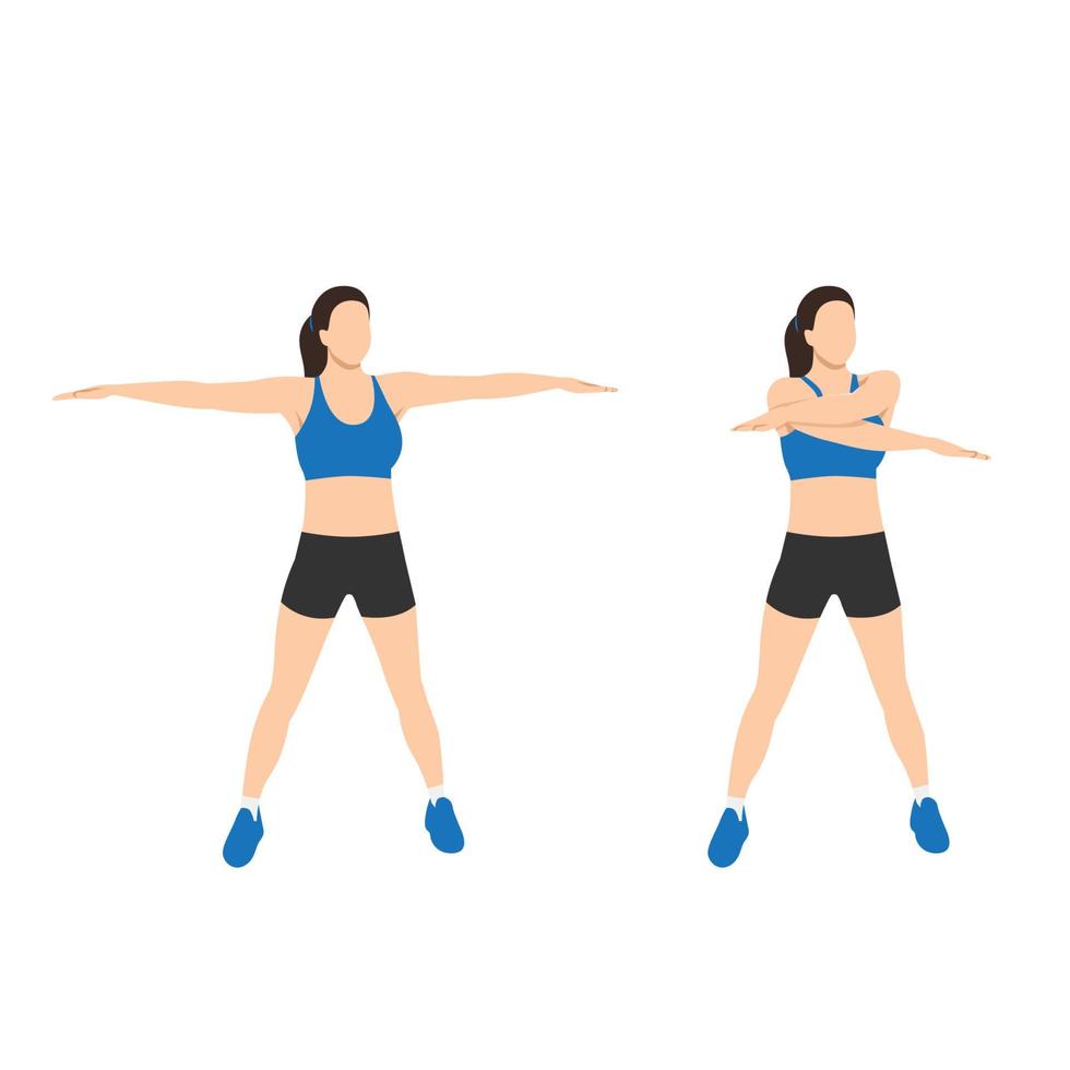 Woman doing arm swings exercise. Flat vector illustration isolated on white background