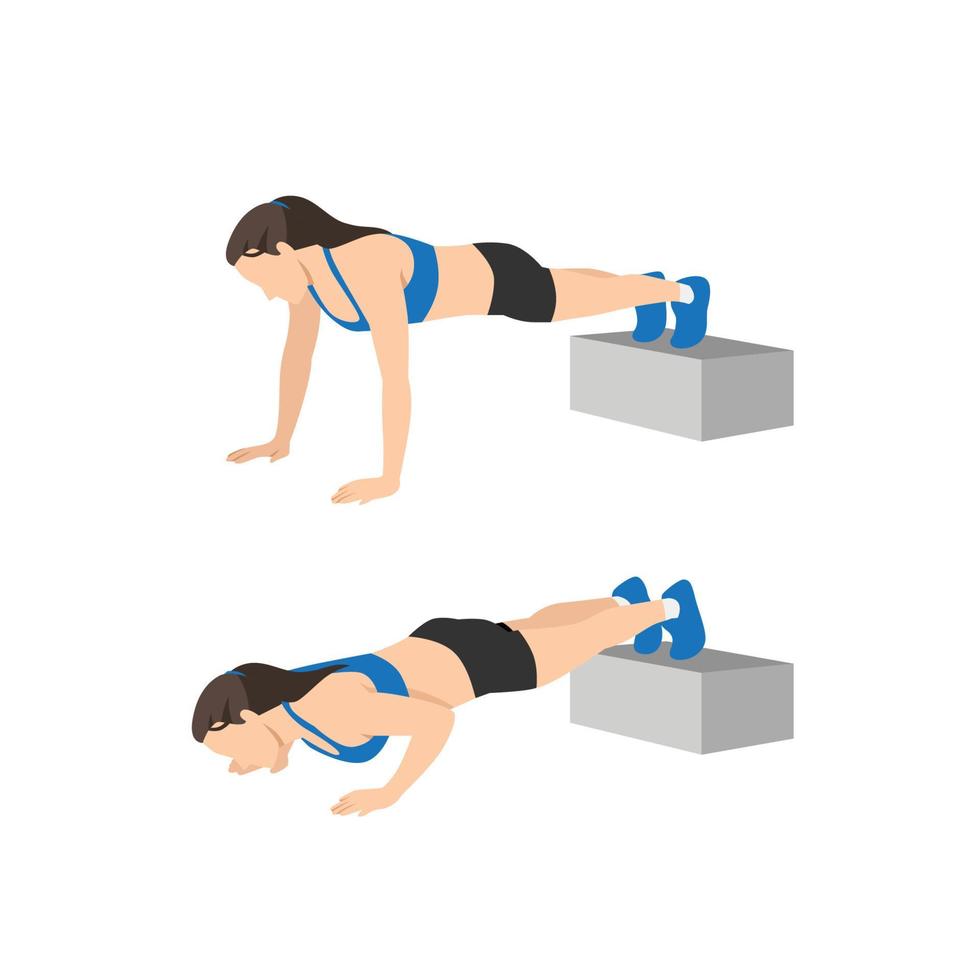 Woman doing decline push up exercise. Flat vector illustration isolated on white background