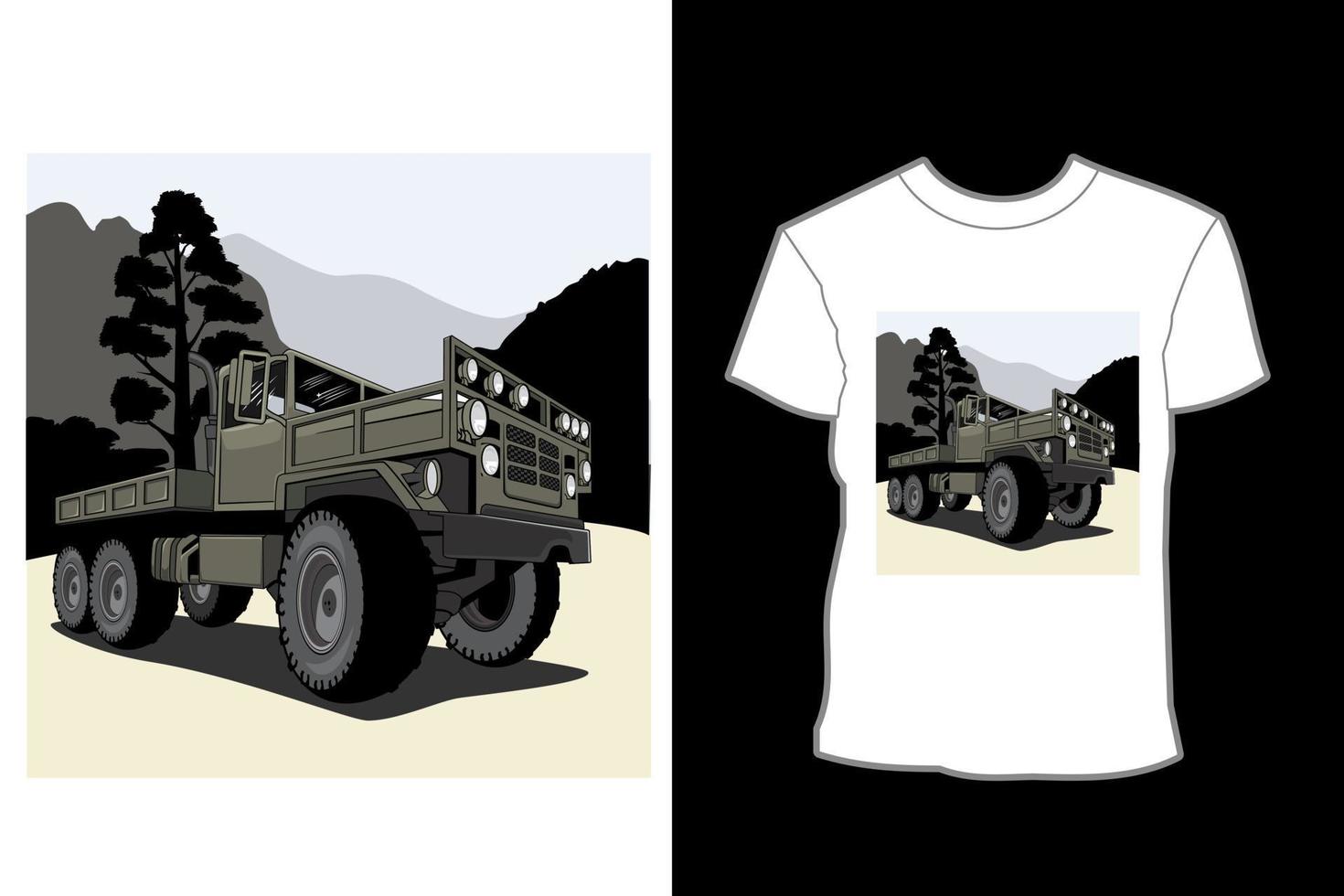 ejército de camiones en el diseño de camiseta de ilustración de bosque vector