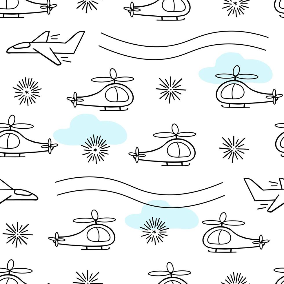 helicopter, plane seamless pattern. Illustration for printing, backgrounds, covers, packaging, greeting cards, posters, stickers, textile and seasonal design. Isolated on white background. vector
