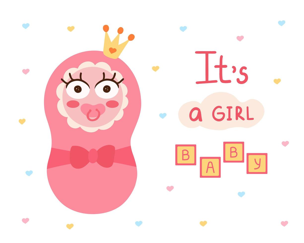 Its a girl baby, kid, newborn, little princess. Illustration for printing, backgrounds, covers, packaging, greeting cards, posters, textile and seasonal design. Isolated on white background. vector