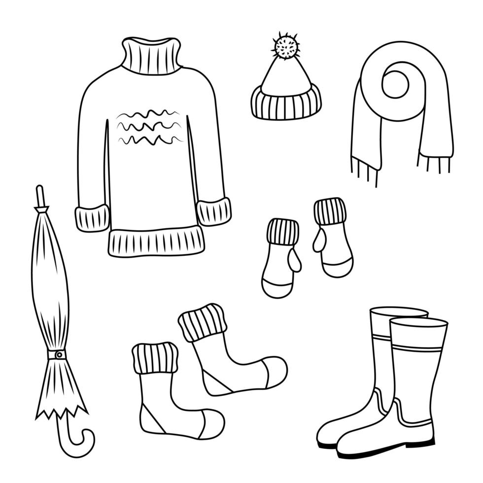 conjunto de ropa de abrigo, suéter, bufanda, gorro, calcetines, mitones, botas de goma, paraguas. ilustración de fideos para impresión, tarjetas de felicitación, carteles, pegatinas, textiles y diseño de temporada. vector