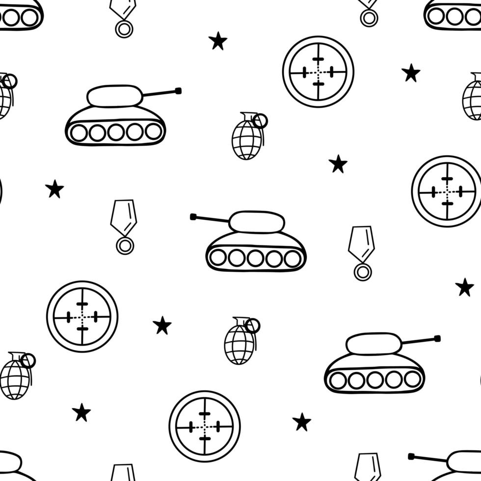 Panzer seamless pattern. Tank, grenade, gun sight, medal Icon. Illustration for printing, background, cover, packaging, greeting card, textile and seasonal design. Isolated on white background. vector