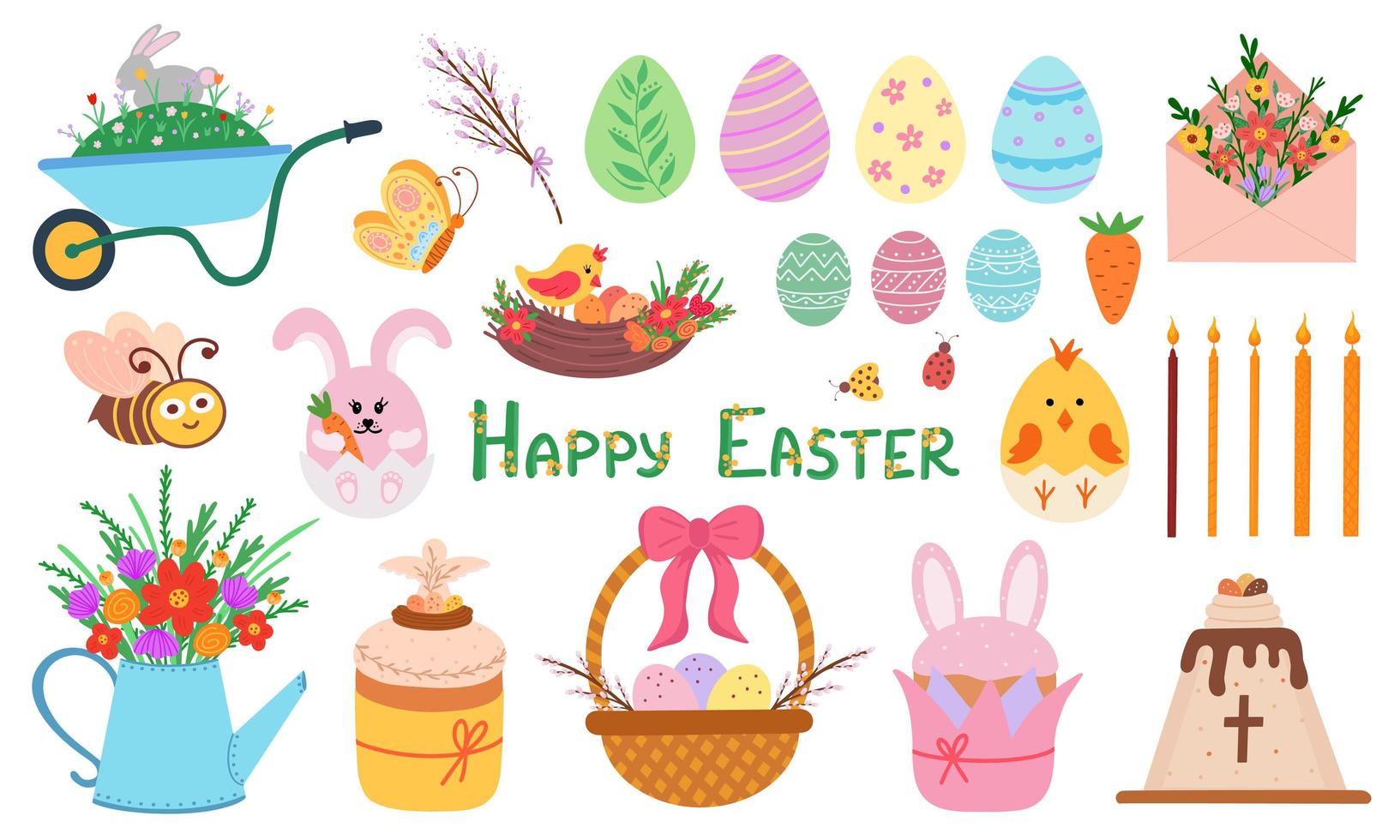 Easter set, rabbit, eggs, basket, flowers and cake. Illustration for backgrounds, covers, packaging, greeting cards, posters, sticker, textile and seasonal design. Isolated on white background. vector
