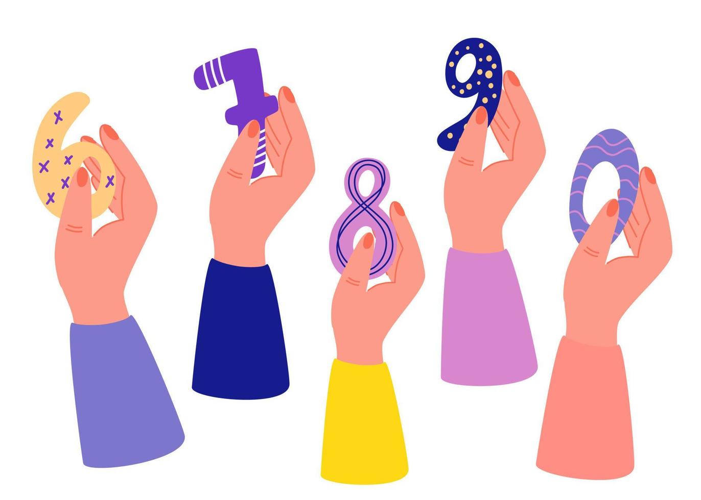 Hand hold numbers. Holiday numbers for birthday and party. Votes jury judges of tournament or contest. Hand Drawn Cartoon Vector illustration.