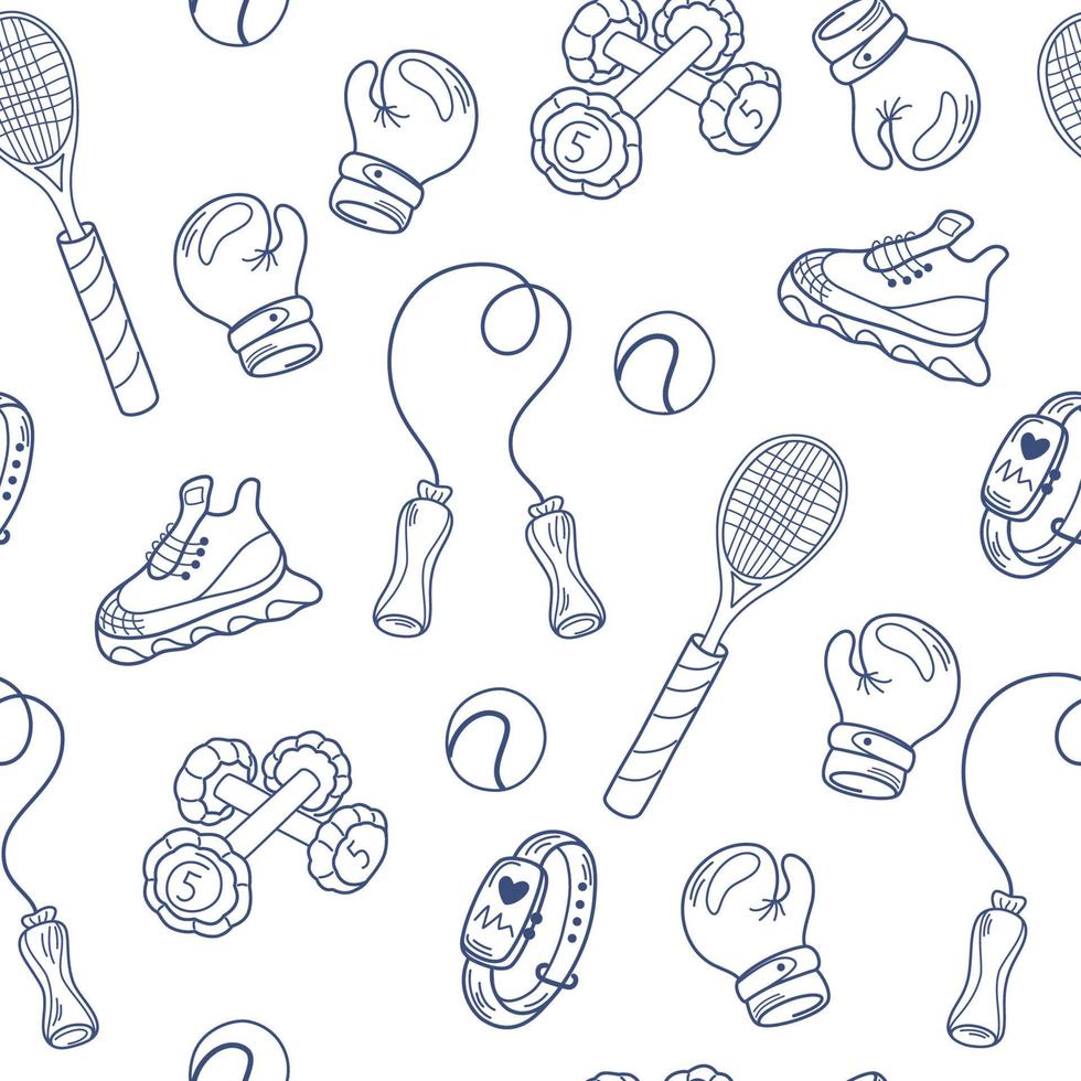 Sports equipment seamless pattern. Fitness items, racket, boxing gloves, sneakers, jump rope, fitness watch and dumbbells. Sports background in linear doodle style. Vector illustration