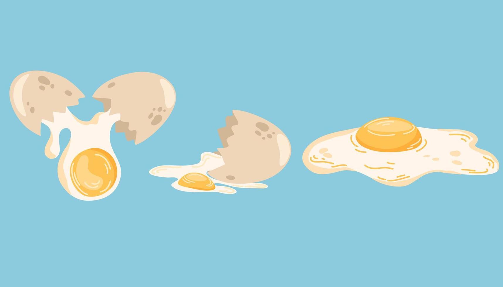 Broken eggs and scrambled eggs. Poultry farming. Yolk, albumen, eggshell. Healthy food. Perfect for printing restaurant menus and posters. Hand Drawn Cartoon Vector illustration
