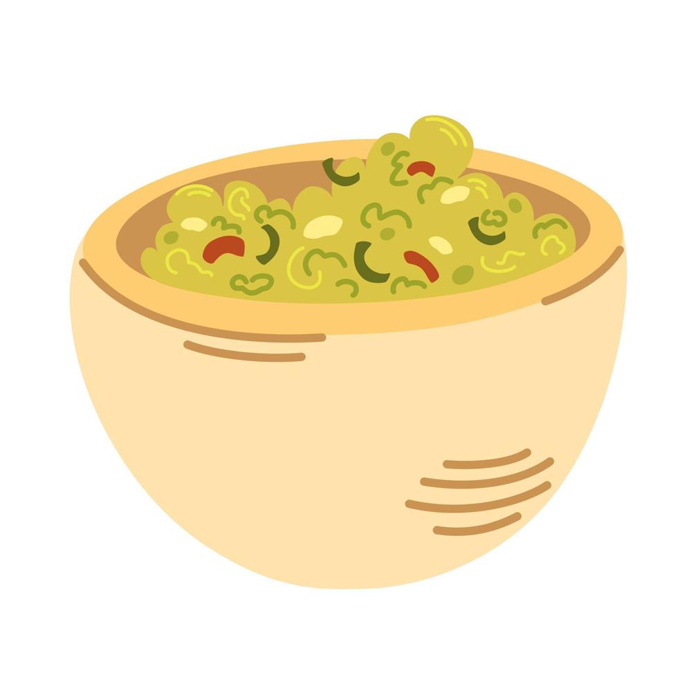 guacamole. comida mexicana guacamole con nachos, aguacate, pimiento, lima y especias. comida deliciosa y saludable, merienda. ilustración vectorial de dibujos animados dibujados a mano. vector