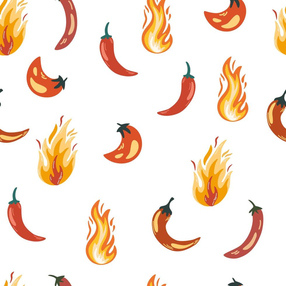 Hot pepper seamless pattern. Hot chili pepper and flames background. Vegetables. Food. Perfect for printing restaurant menus and posters. Hand Drawn Cartoon Vector illustration
