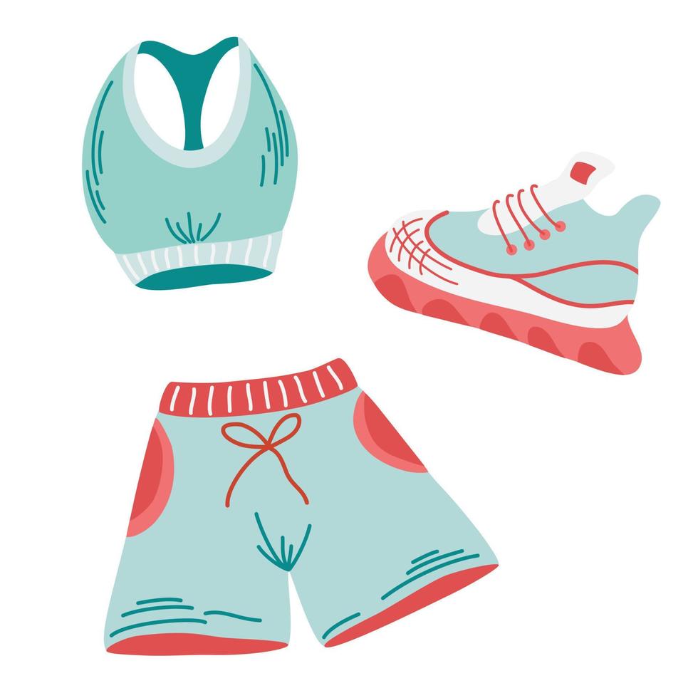 Sportswear set. Clothing for fitness, yoga and sports. Top, shorts and sneakers. Healthy lifestyle concept. Cartoon Vector illustration isolated on the white background.