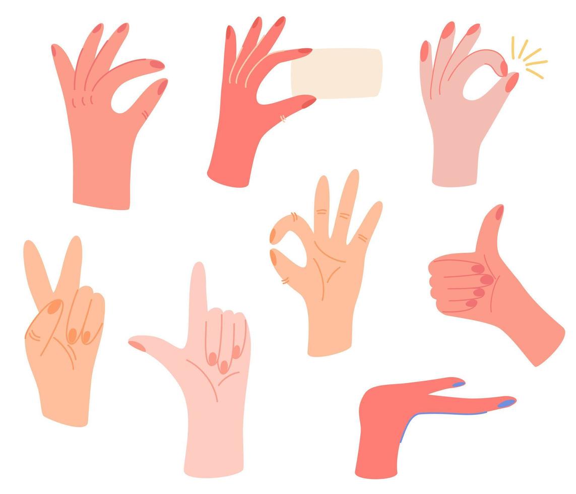 Different hands big set. Various gestures. Pointing hands, gesturing communication language, palm gesture designation. Flat vector illustration isolated on white background
