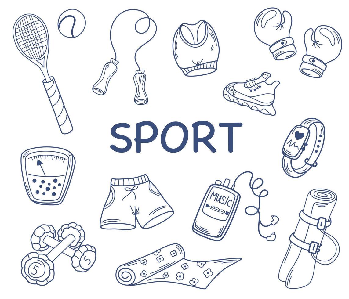 Sports items doodle. Hand drawn sport balls, rackets, clothing, boxing gloves, scales, jump rope, player, watches and dumbbells. Sports fitness and health set. Cartoon Vector illustration