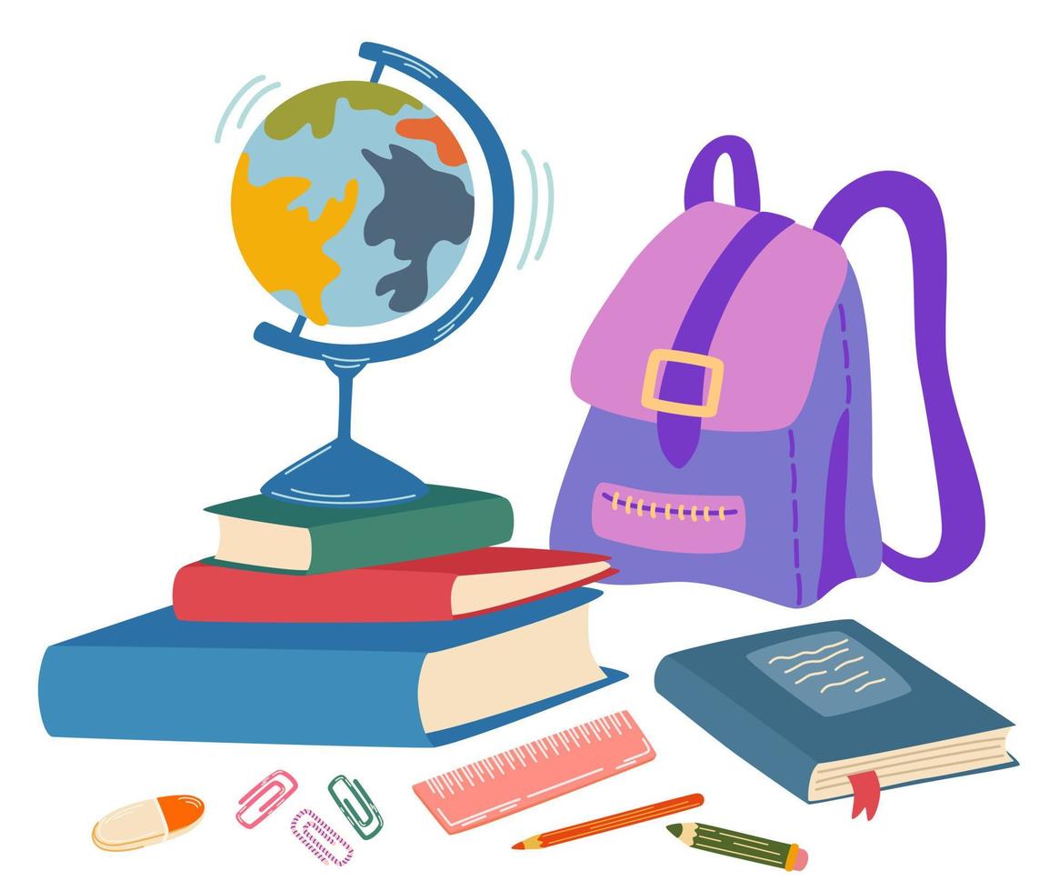 School supplies composition. Books, backpack, textbook, pencils, clips and globe. Back to school. Children's subjects for study. Cartoon Vector illustration isolated on the white background.