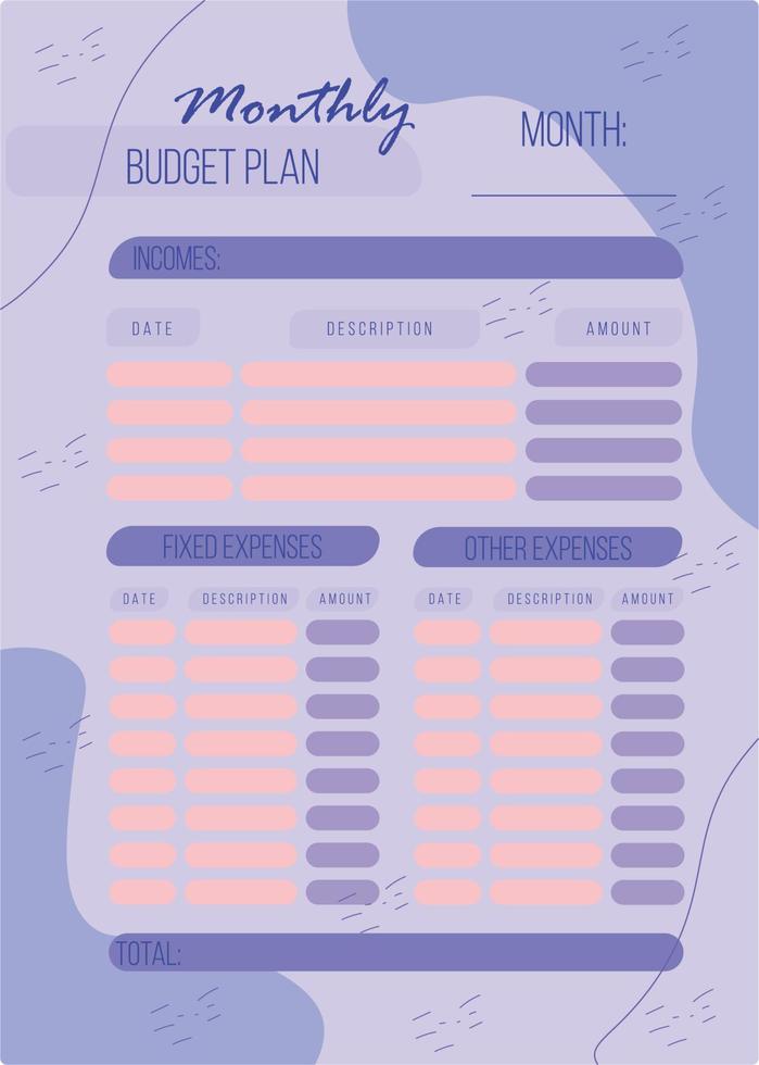 Personal monthly budget planner in a4 format. vector